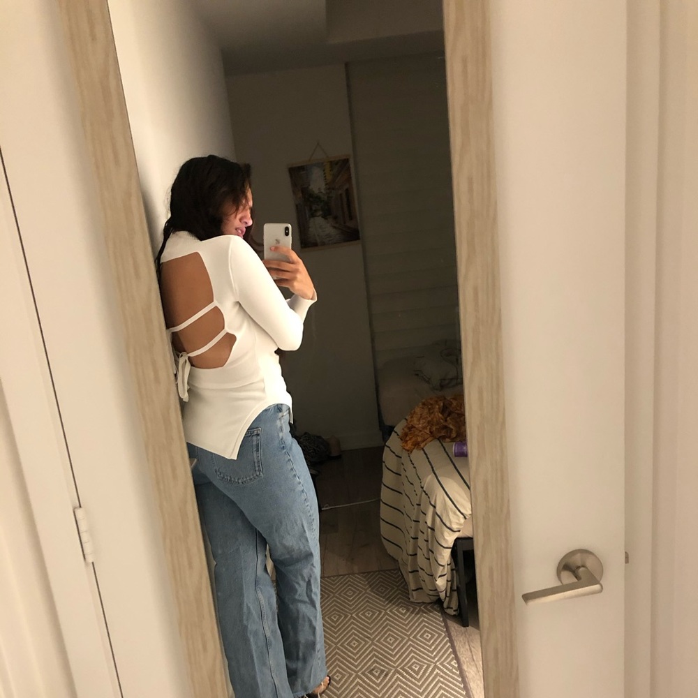 zara white backless high neck top long sleeve